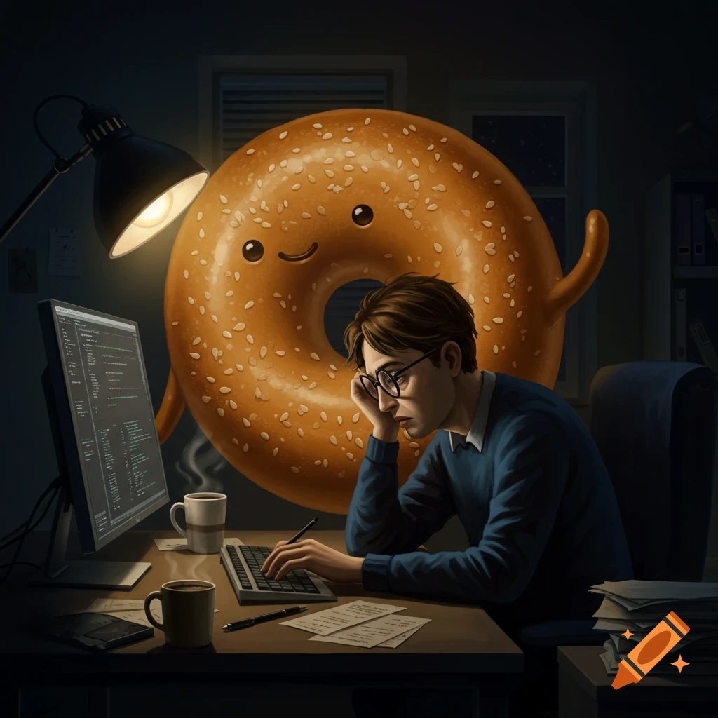 A cartoon bagel character stands behind a tired software engineer working at a computer in a dimly lit room.