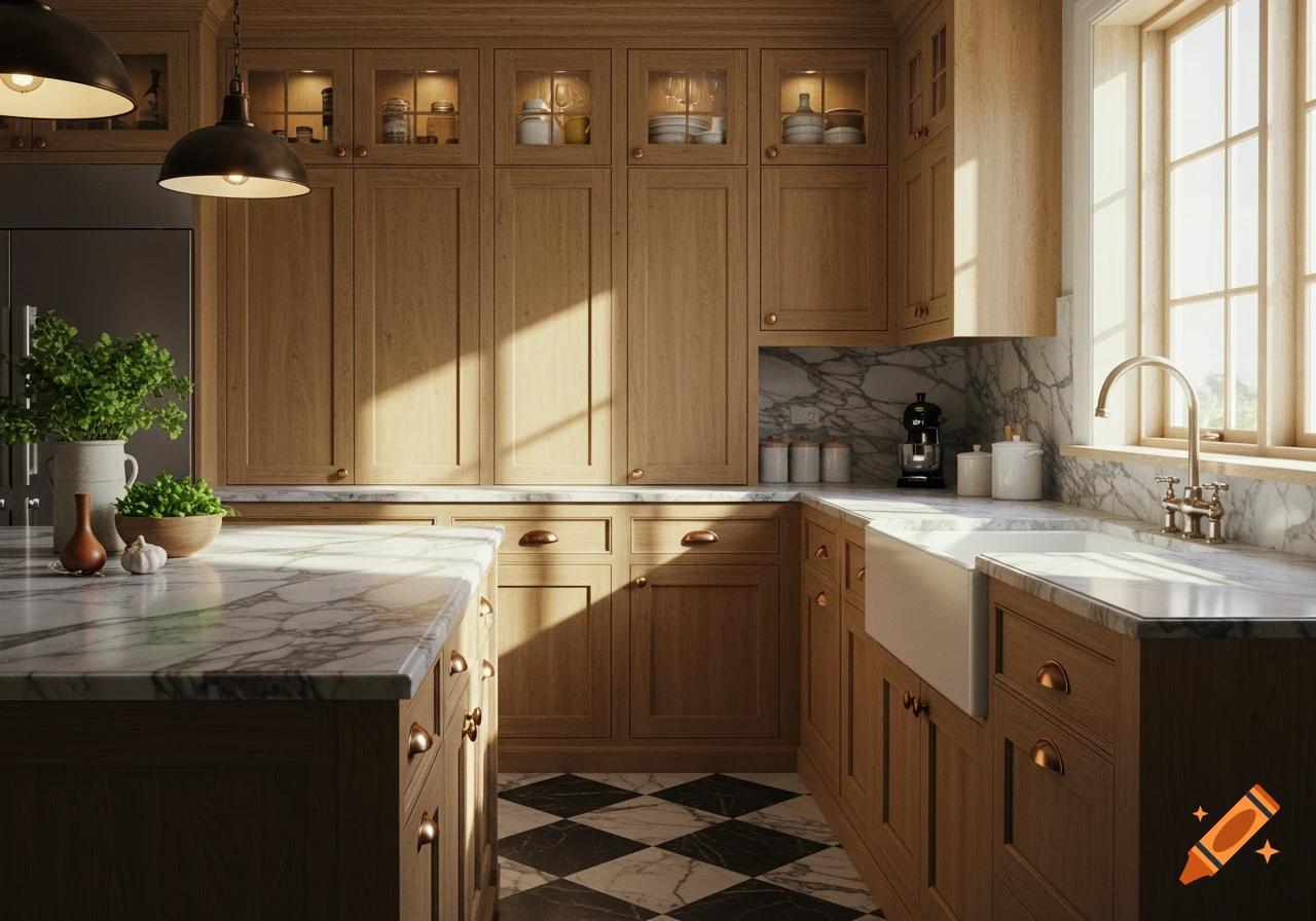 A modern kitchen with honey oak cabinets, marble countertops, a large window, and a black and white tiled floor.