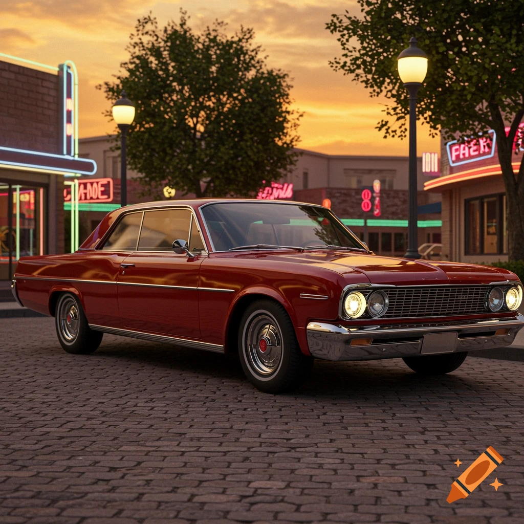A classic red 1964 car parked on a cobblestone street at sunset, with neon signs in the background.