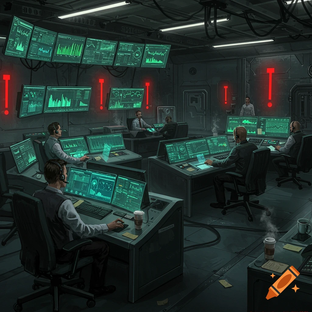 A dark, futuristic control room with multiple operators sitting at computer stations, each with numerous green glowing monitors displaying data. Red exclamation marks are prominent on the walls, indicating a crisis.
