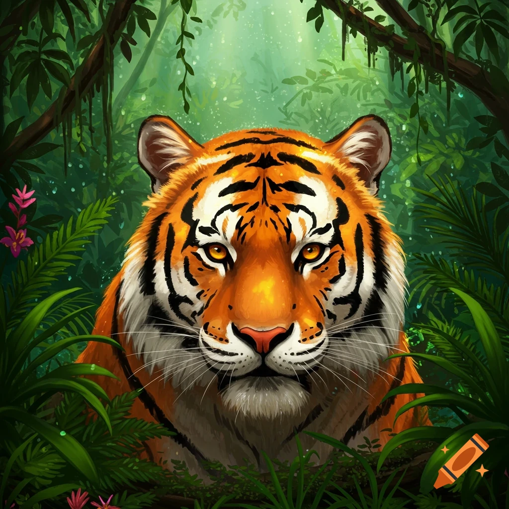 A close-up, vibrant illustration of a tiger's head with orange and black stripes, looking forward from dense jungle foliage.