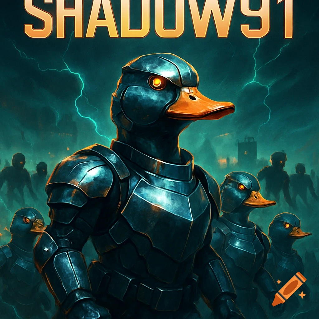 Armored ducks with glowing eyes lead an army against shadowy figures in a futuristic, storm-lit city, under the title SHADOW91.
