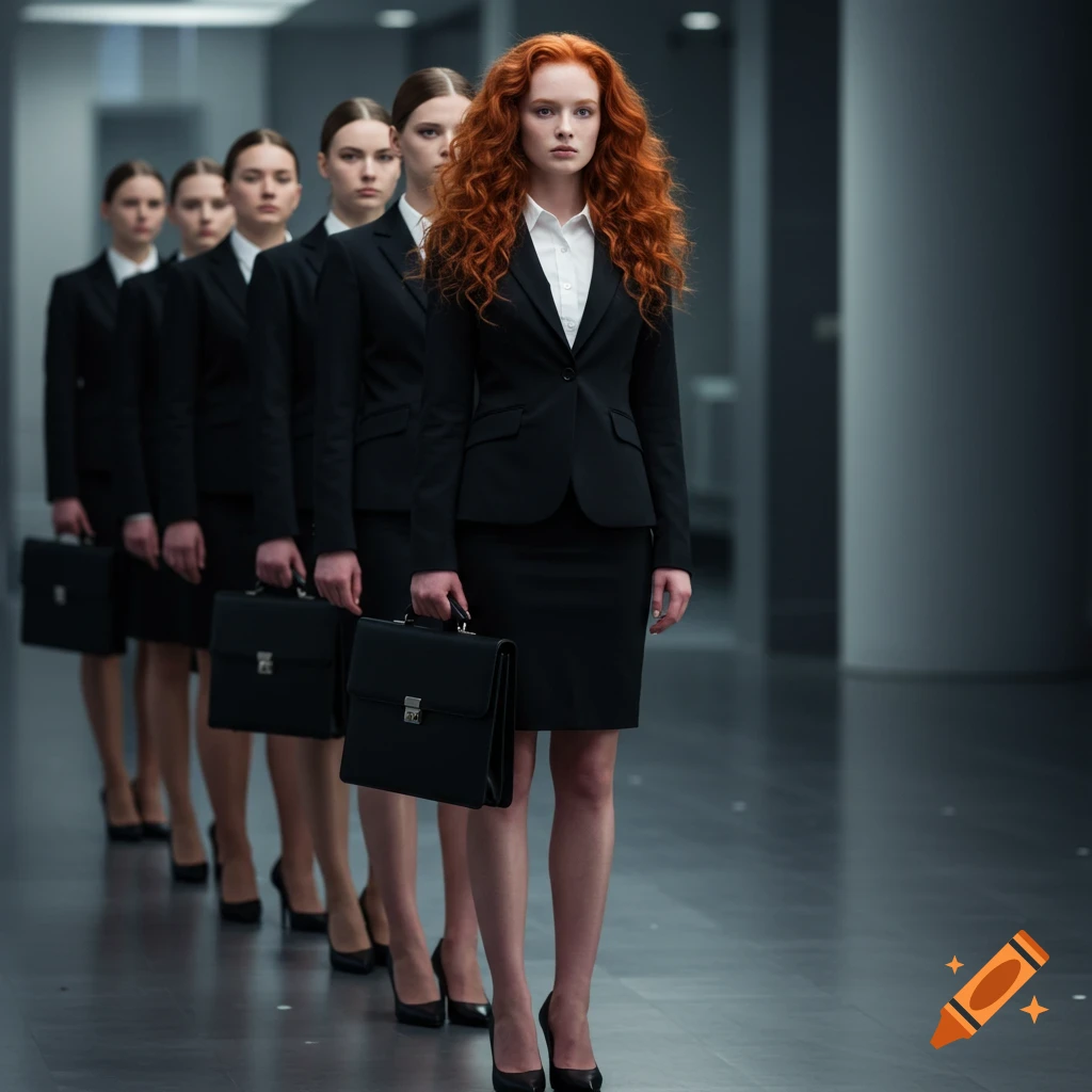 A red-haired woman in a black suit and high heels stands in front of a line of other women dressed similarly, holding briefcases in a modern office hallway.