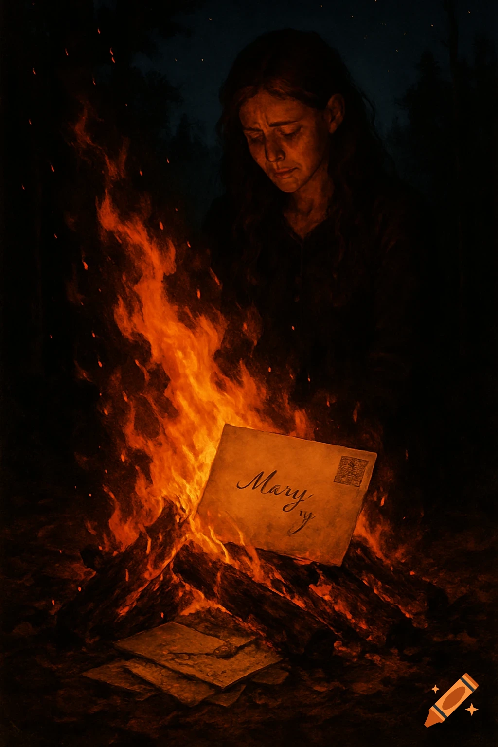 A distraught woman with long hair watches as handwritten letters burn in a bonfire at night.