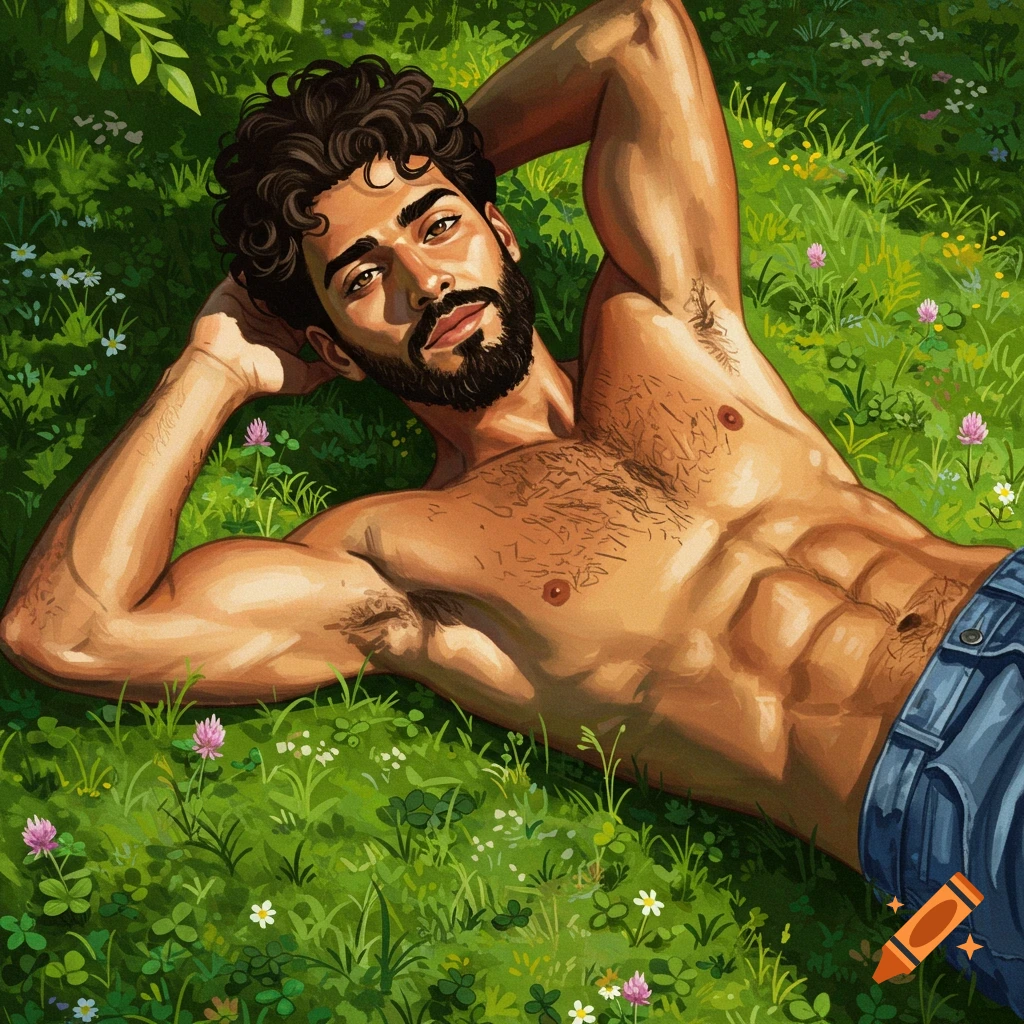 Illustrated man with a beard lying shirtless in green grass with wildflowers.