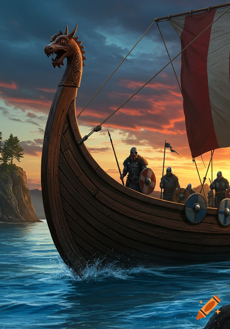 A Viking longship with a dragon figurehead sails on water, carrying armed warriors towards a rocky shore under a dramatic sunset.