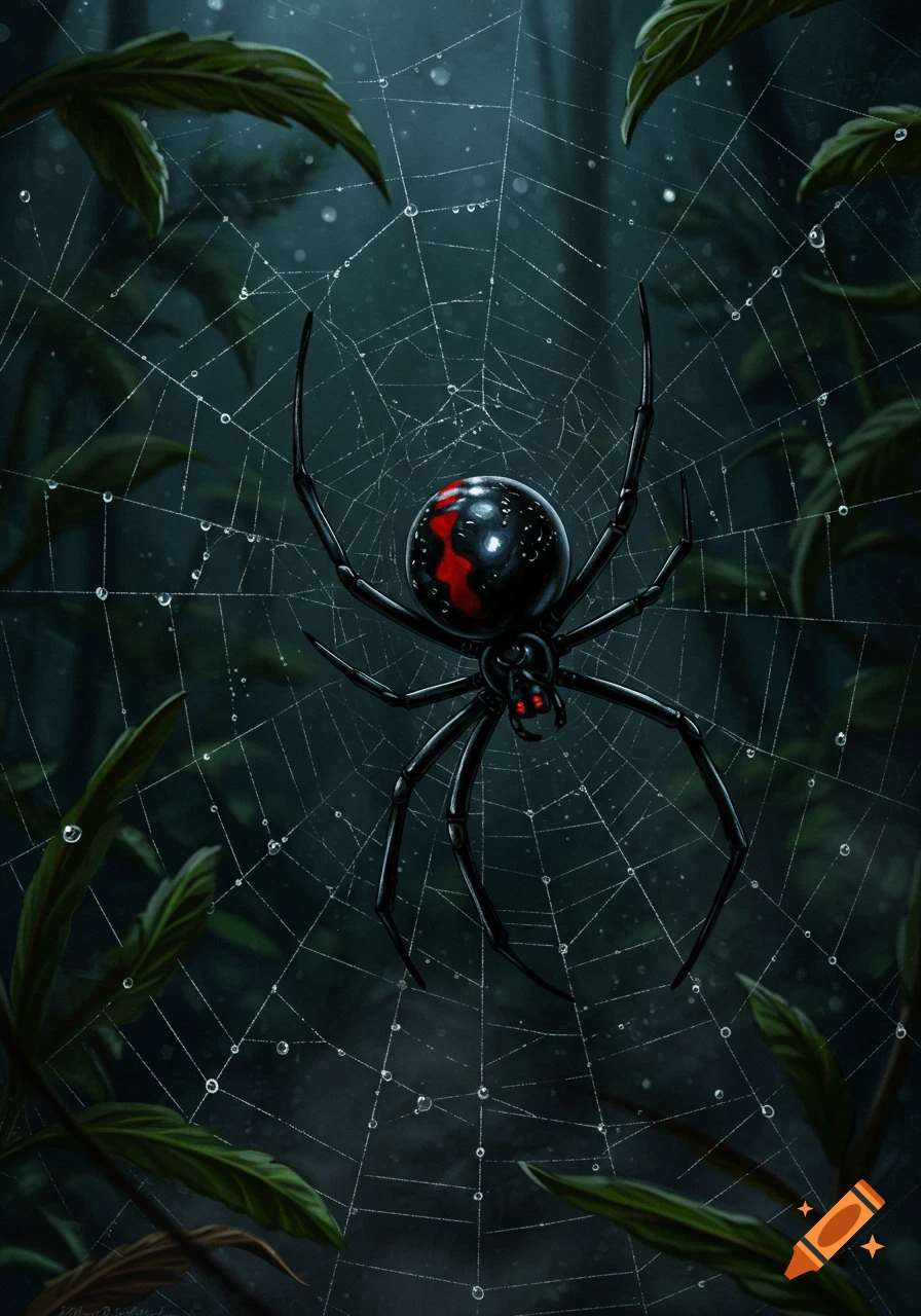 Detailed digital illustration of a black widow spider with a red hourglass mark on a dew-covered web, surrounded by dark foliage.
