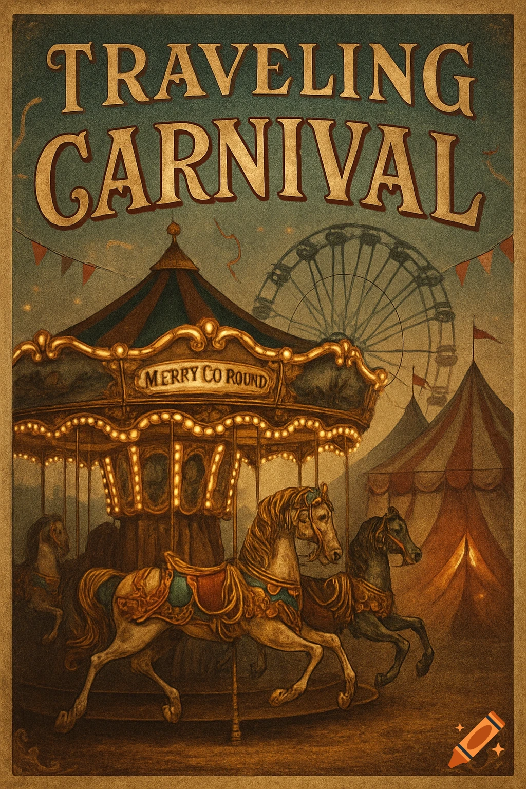 A vintage poster for a Traveling Carnival, featuring a brightly lit merry-go-round with horses, tents, and a Ferris wheel.