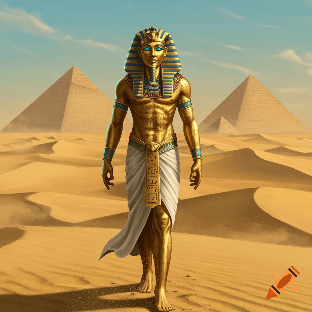 A golden pharaoh figure with blue eyes and an ornate headdress walks across a sandy desert with pyramids in the background.