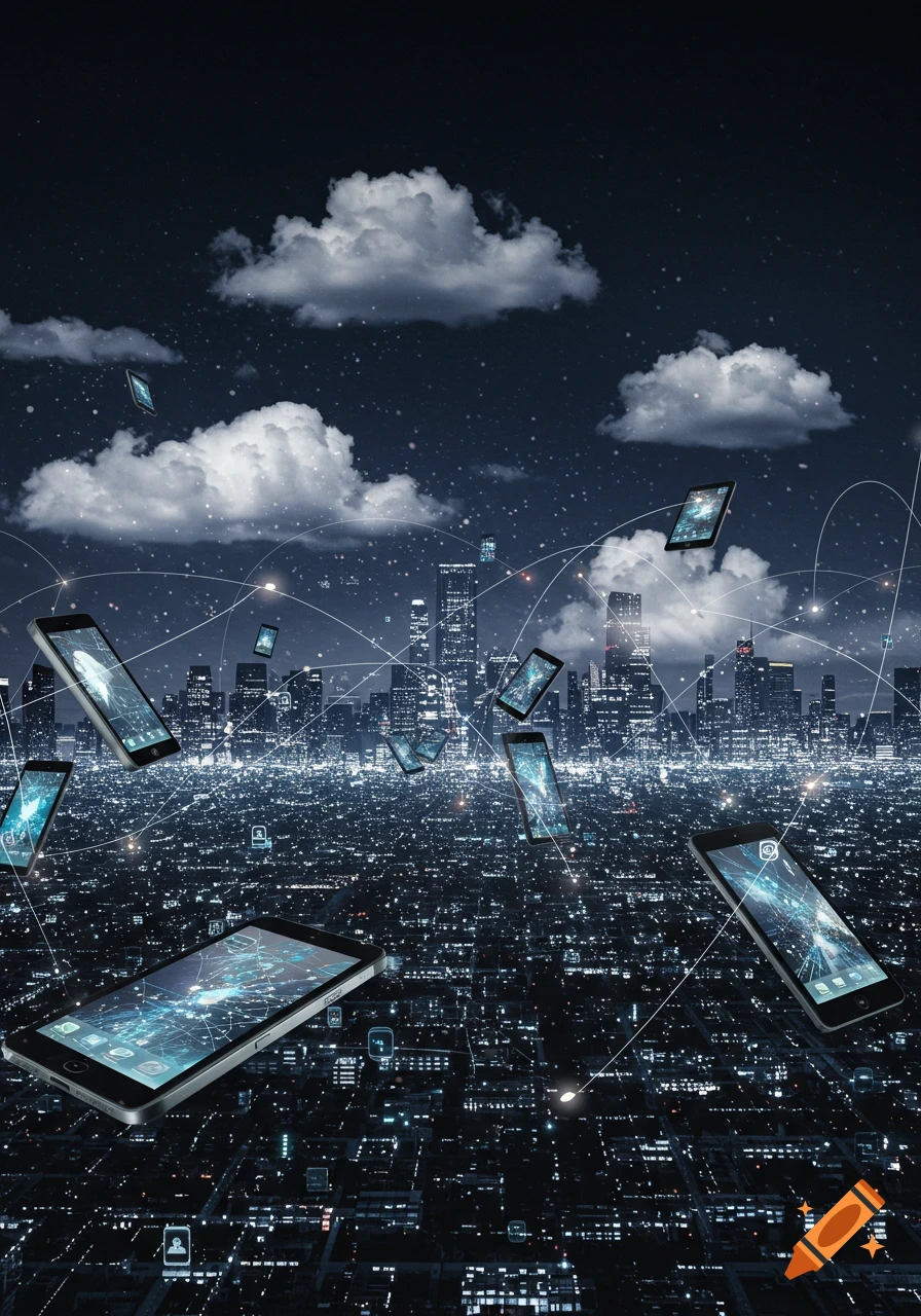 Photorealistic image of a futuristic night cityscape with numerous smartphones flying and interconnected by glowing lines in the starry sky.