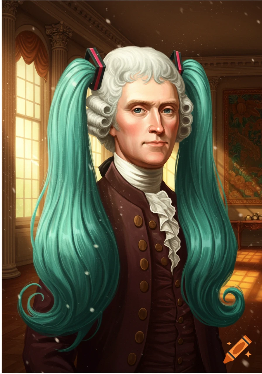 A portrait of Thomas Jefferson with white hair and long, teal pigtails like Hatsune Miku, in a historical setting.