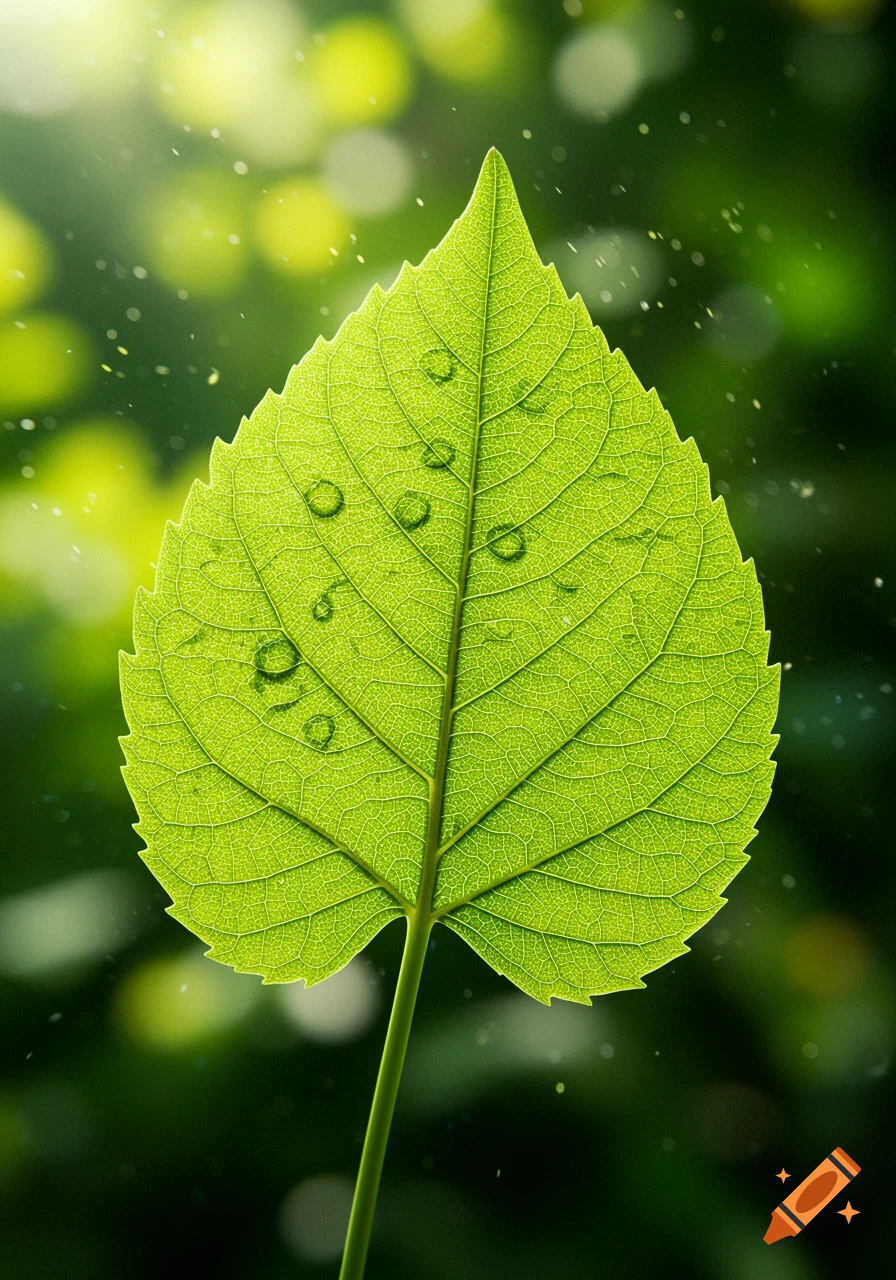 Photorealistic close-up of a vibrant green leaf with water droplets and visible veins, against a blurred green background.