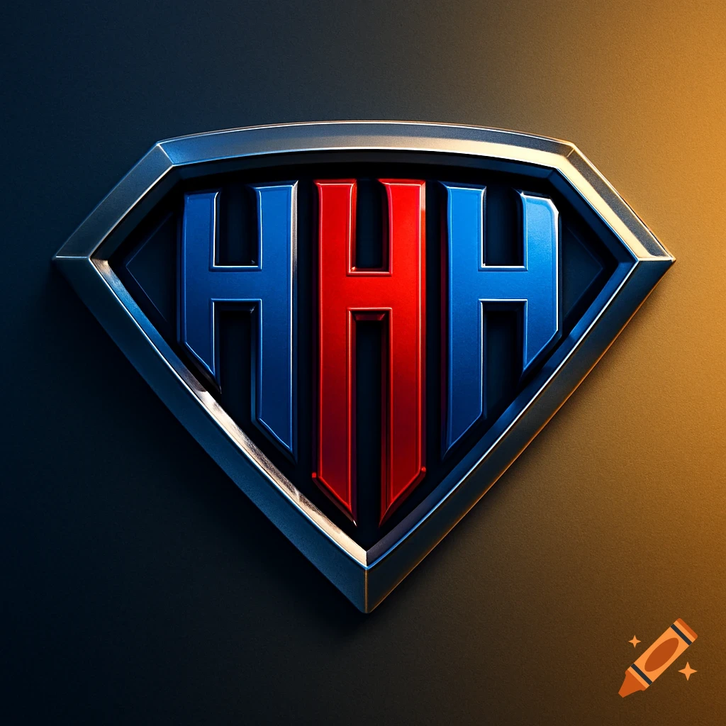A 3D metallic logo featuring three capital 'H' letters, two blue and one red, within a superhero shield design.