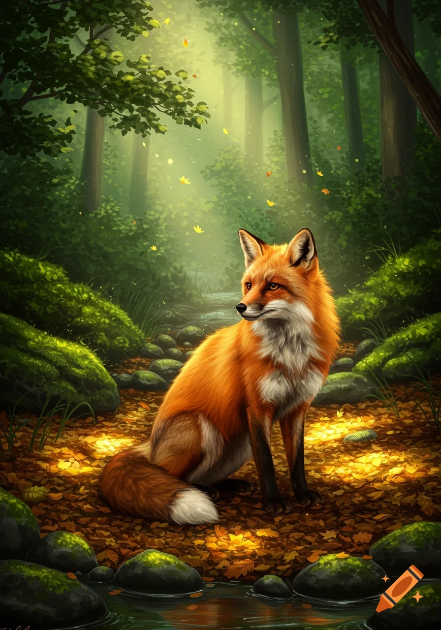 A red fox sits on a path covered in autumn leaves in a sunlit forest, looking to the right. A stream is in the foreground.