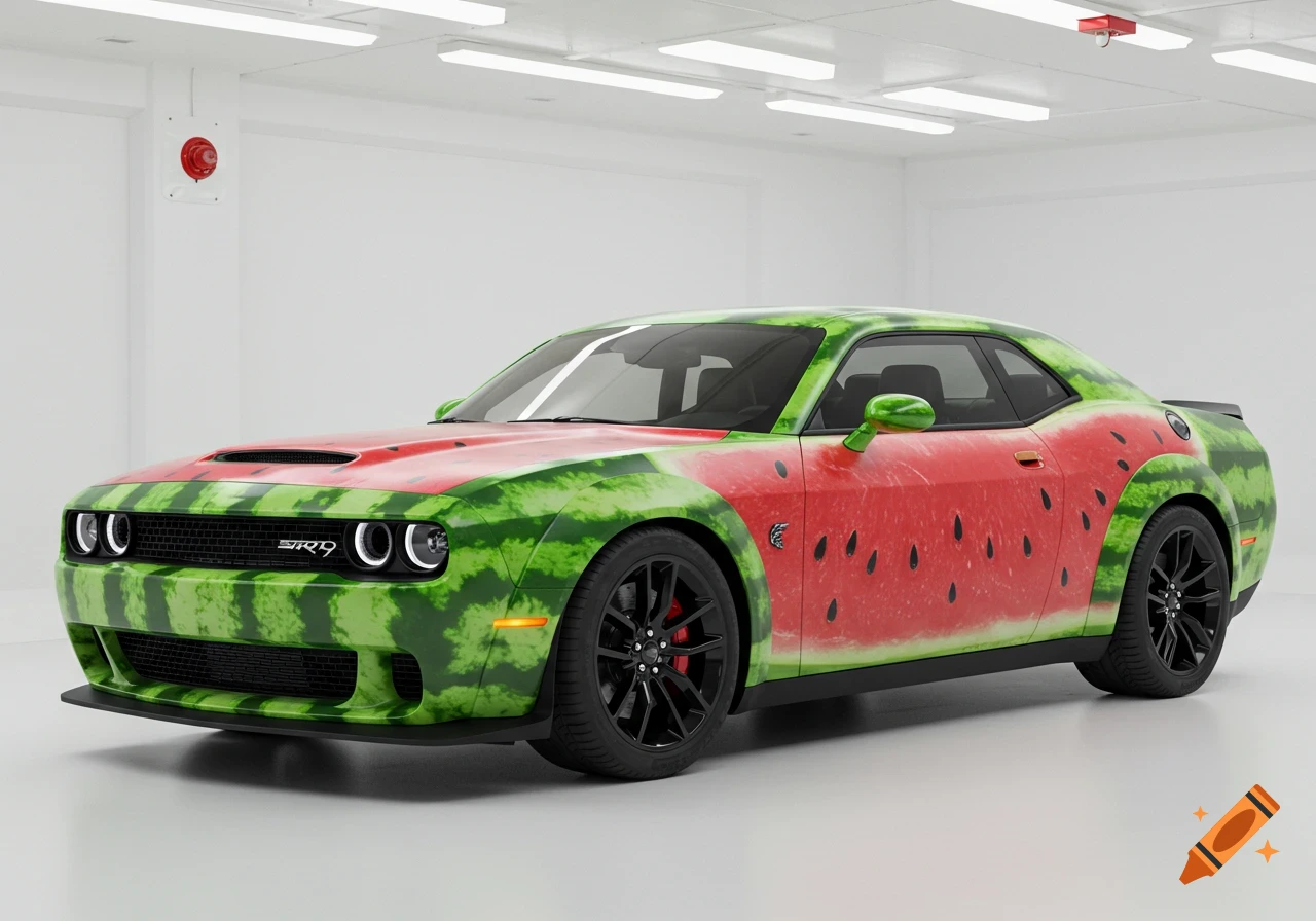 A photorealistic Dodge Hellcat car with a red and green watermelon design, parked in a minimalist white garage.