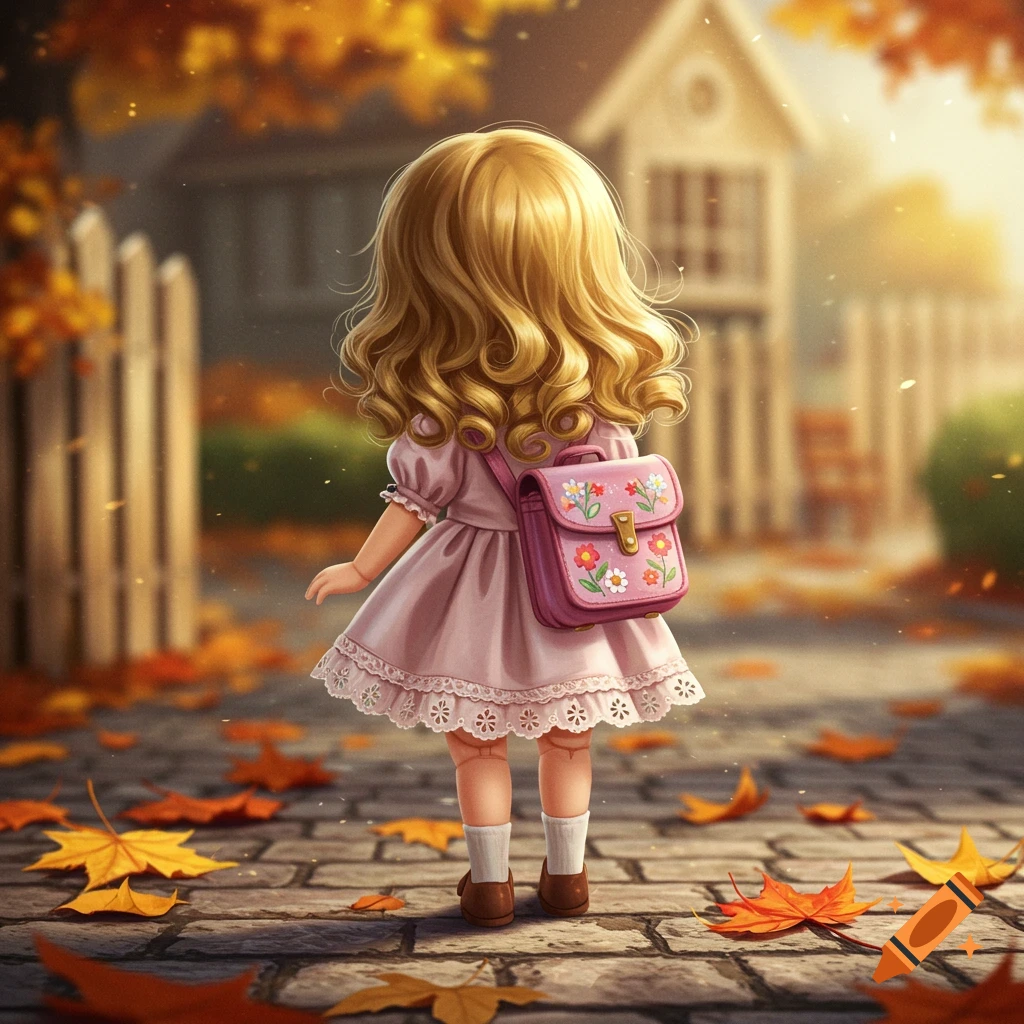 A doll-like girl with blonde curly hair and a pink school bag walks down a cobblestone path covered in autumn leaves.