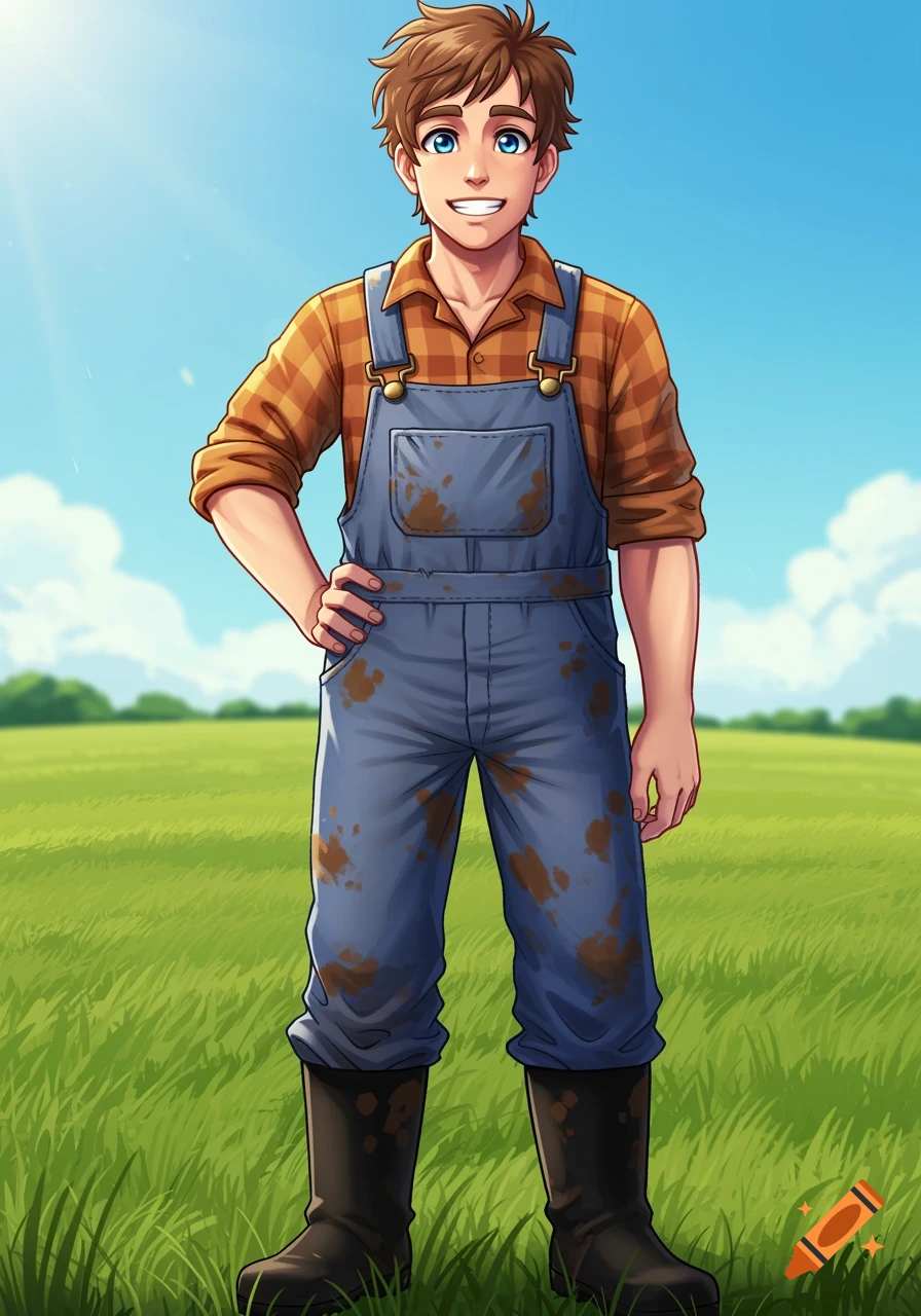 An anime style portrait of a smiling young male farmer with brown hair and blue eyes, wearing muddy blue overalls and black boots, standing in a green field under a sunny sky.