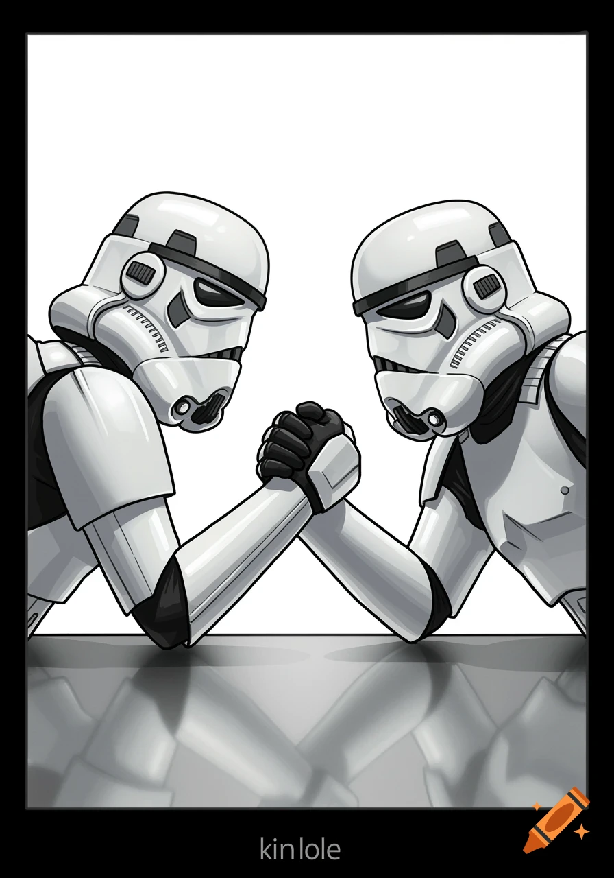 Two stylized Stormtroopers from Star Wars arm wrestle on a reflective surface in a minimalist cartoon style.