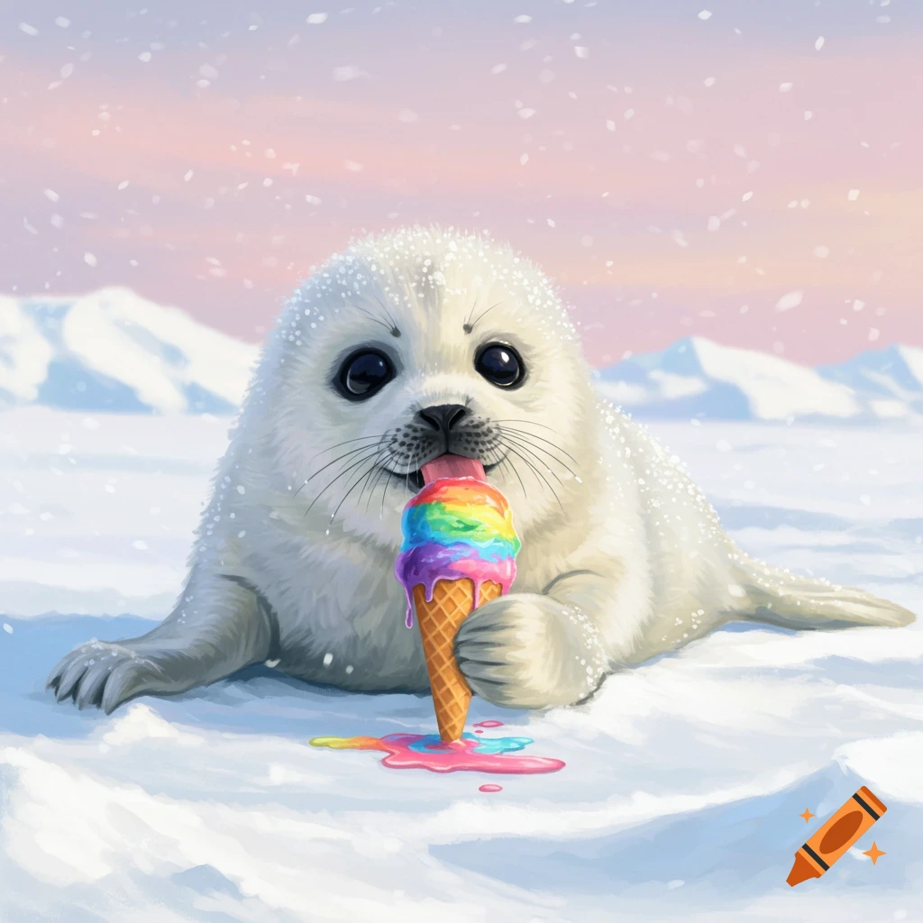 A fluffy white baby seal with large eyes licks a colorful rainbow ice cream cone, sitting on a snowy landscape with mountains in the background.