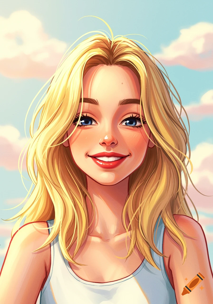 Cartoon portrait of a smiling young blonde woman in a white tank top against a blue sky with clouds.
