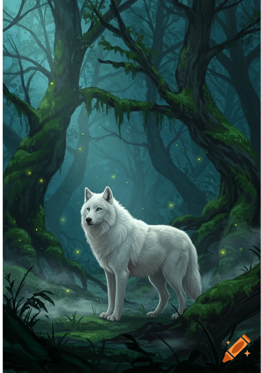 A white wolf with blue eyes stands in a dark, magical forest with mossy trees and glowing yellow lights, digital painting.