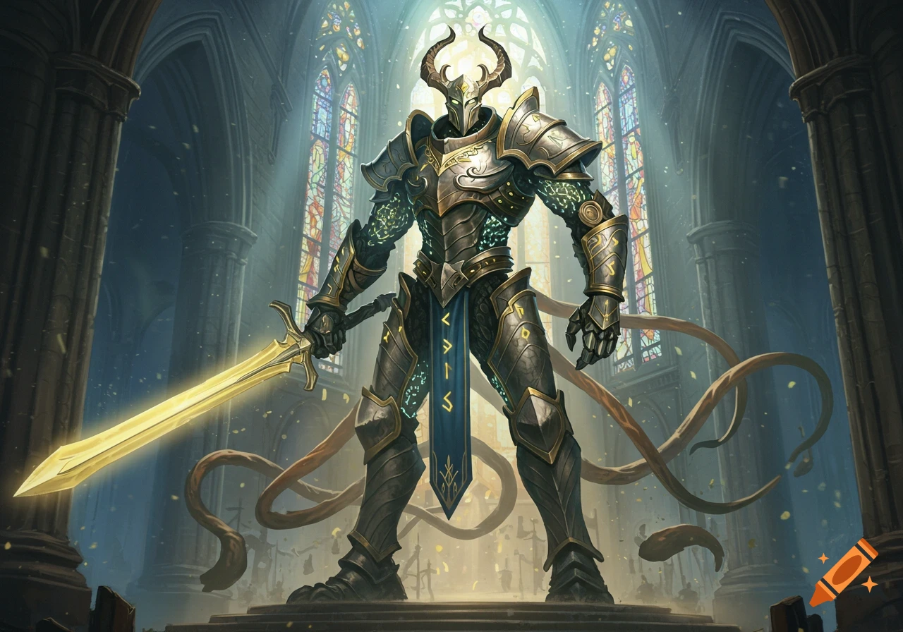A towering armored knight with horns, glowing runes, and a golden sword stands in an arcane cathedral with stained glass windows.