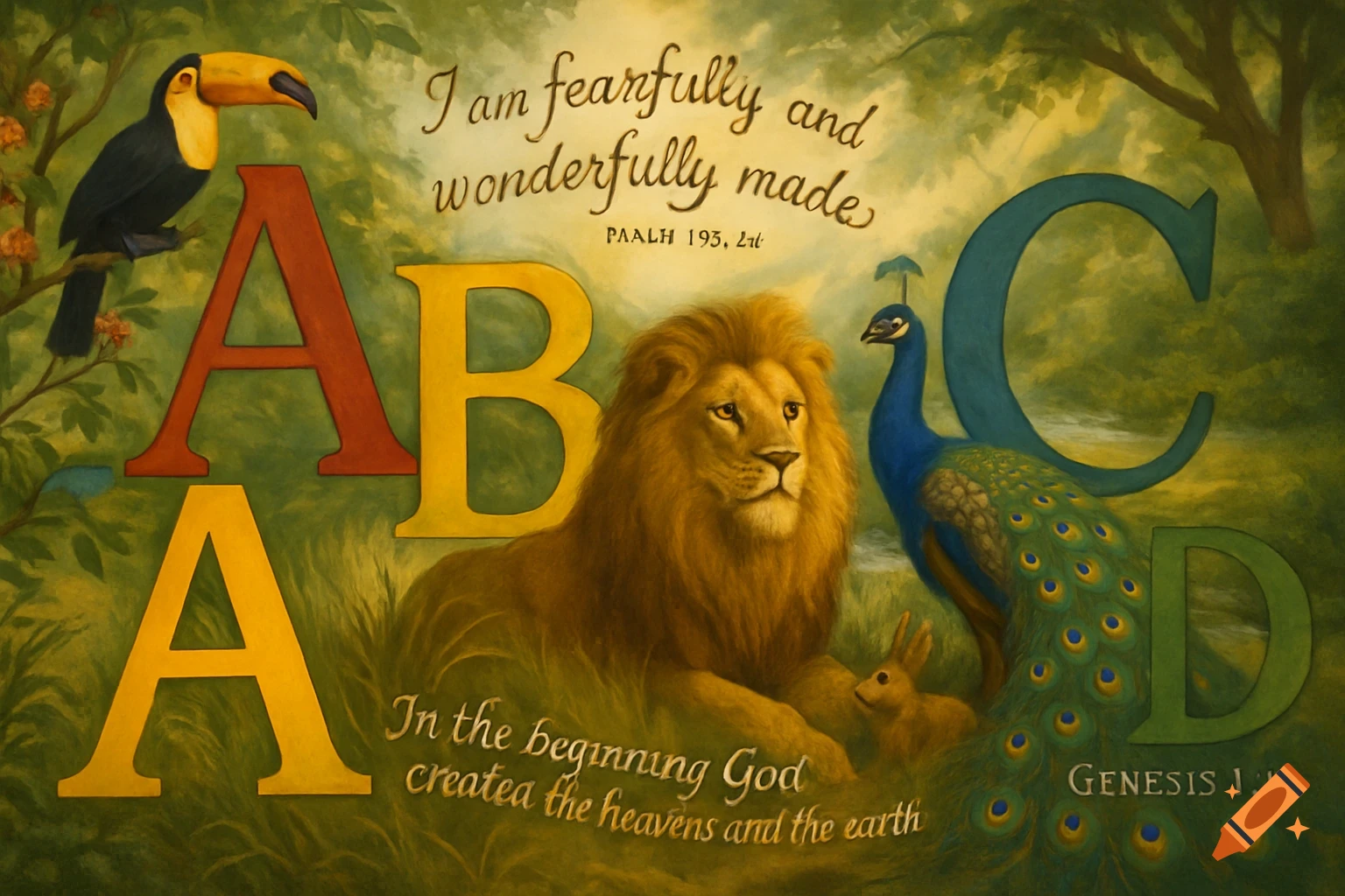 A colorful educational mural featuring a toucan, lion, rabbit, and peacock amidst large letters A, B, C, D, with scripture quotes.