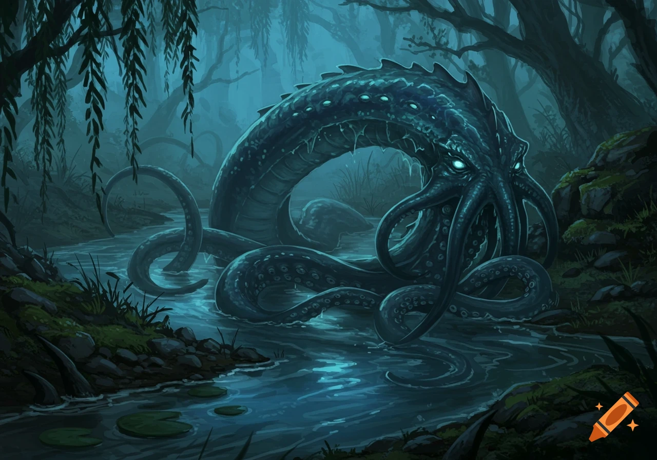 A large, dark blue tentacled creature with glowing eyes lurks in a murky swamp river surrounded by dark trees.