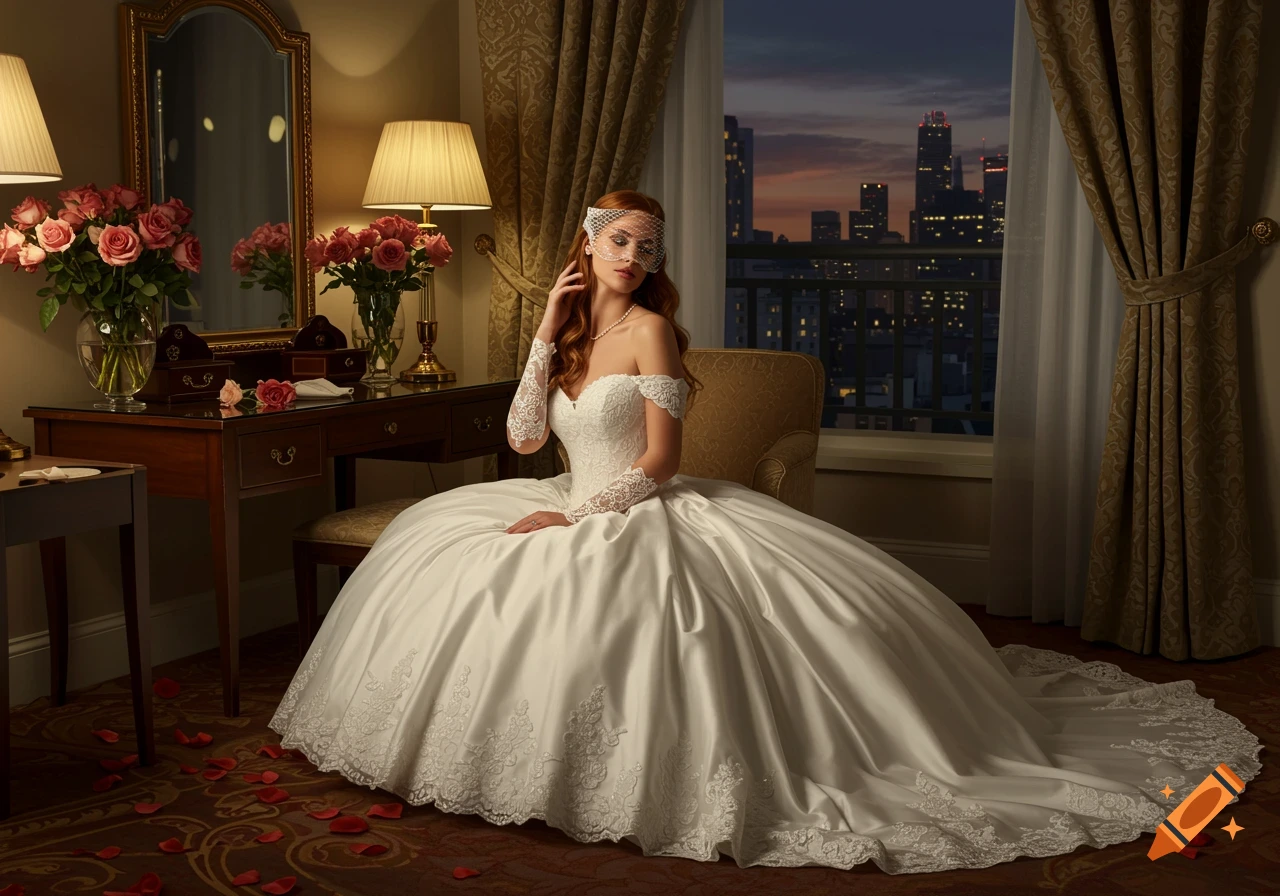 A red-haired woman in a white wedding dress and veiled mask sits in a luxurious hotel room overlooking a city skyline at dusk.