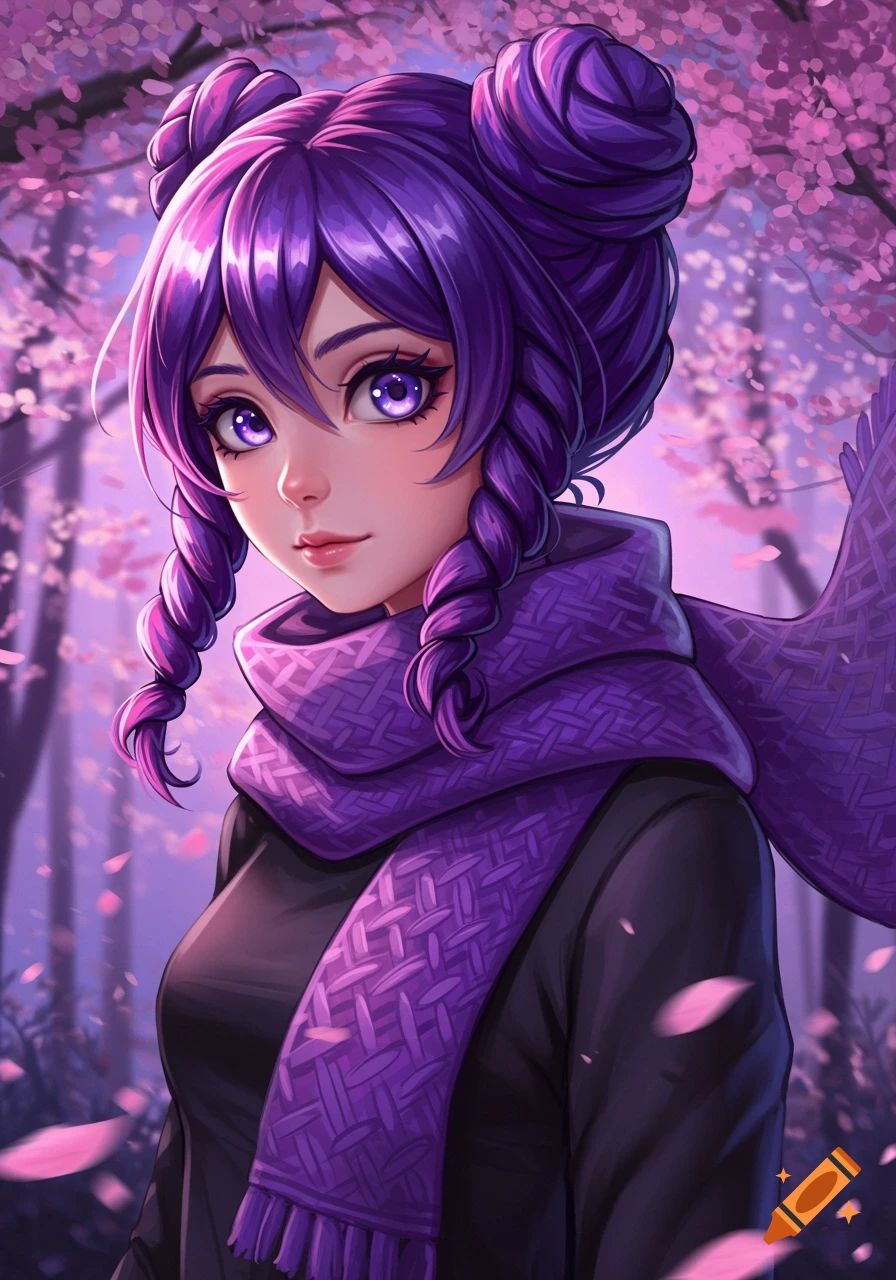 An anime girl with purple hair and pigtails wears a purple scarf in a cherry blossom forest.