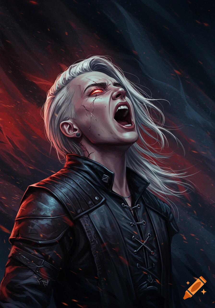 A dramatic digital art portrait of a white-haired person with glowing red eyes and cracks on their face, screaming against a fiery background.