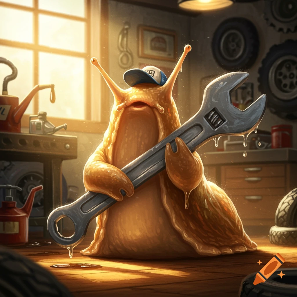 A cartoonish slug wearing a baseball cap and holding a large wrench in a dimly lit mechanic's garage. Slime drips from the slug and wrench.