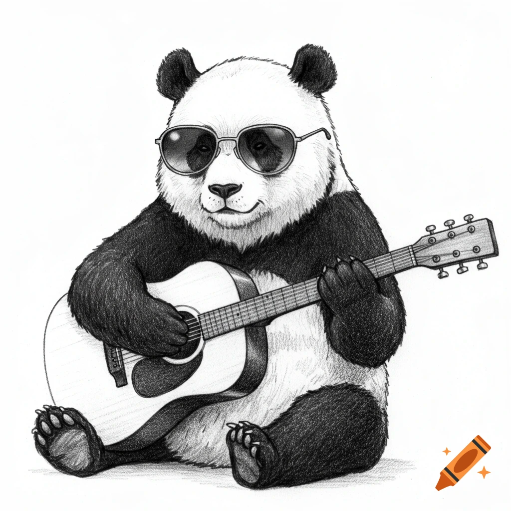 A cool panda wearing sunglasses plays an acoustic guitar in a simple black pencil drawing style.