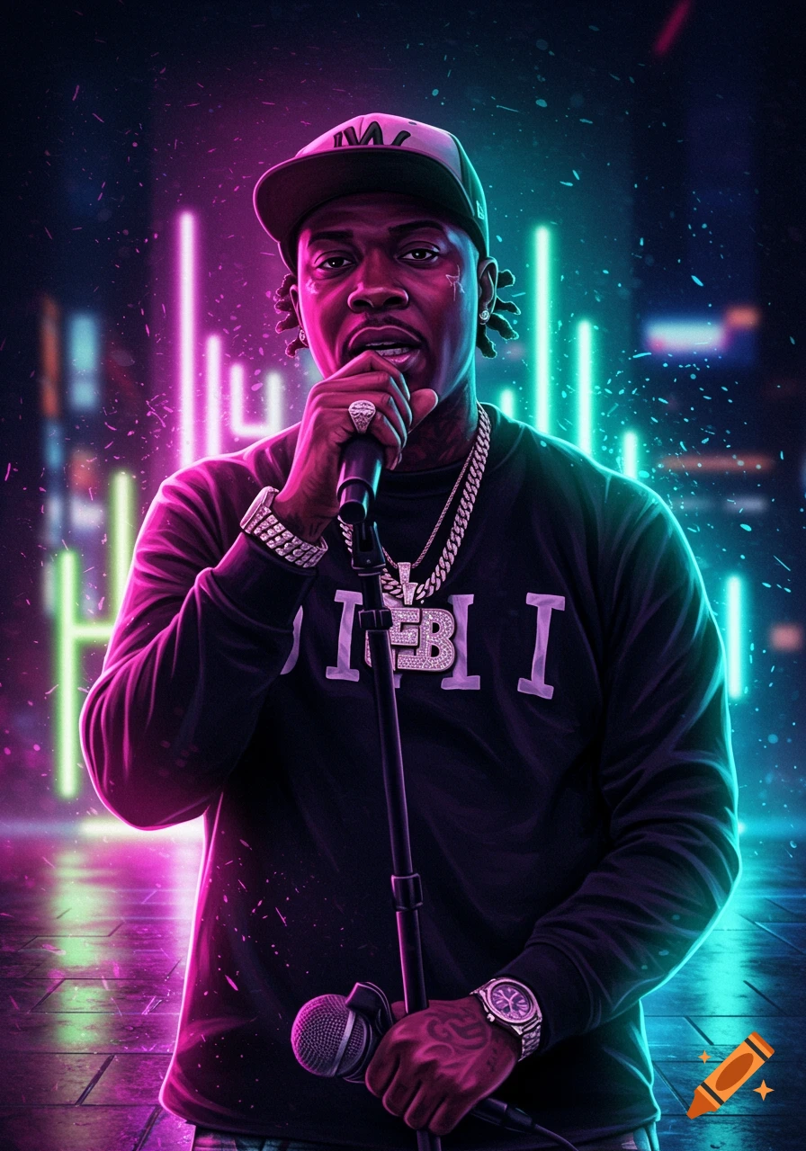 A male rapper with dreadlocks and a baseball cap holds a microphone, performing on a stage lit by vibrant pink and green neon lights.