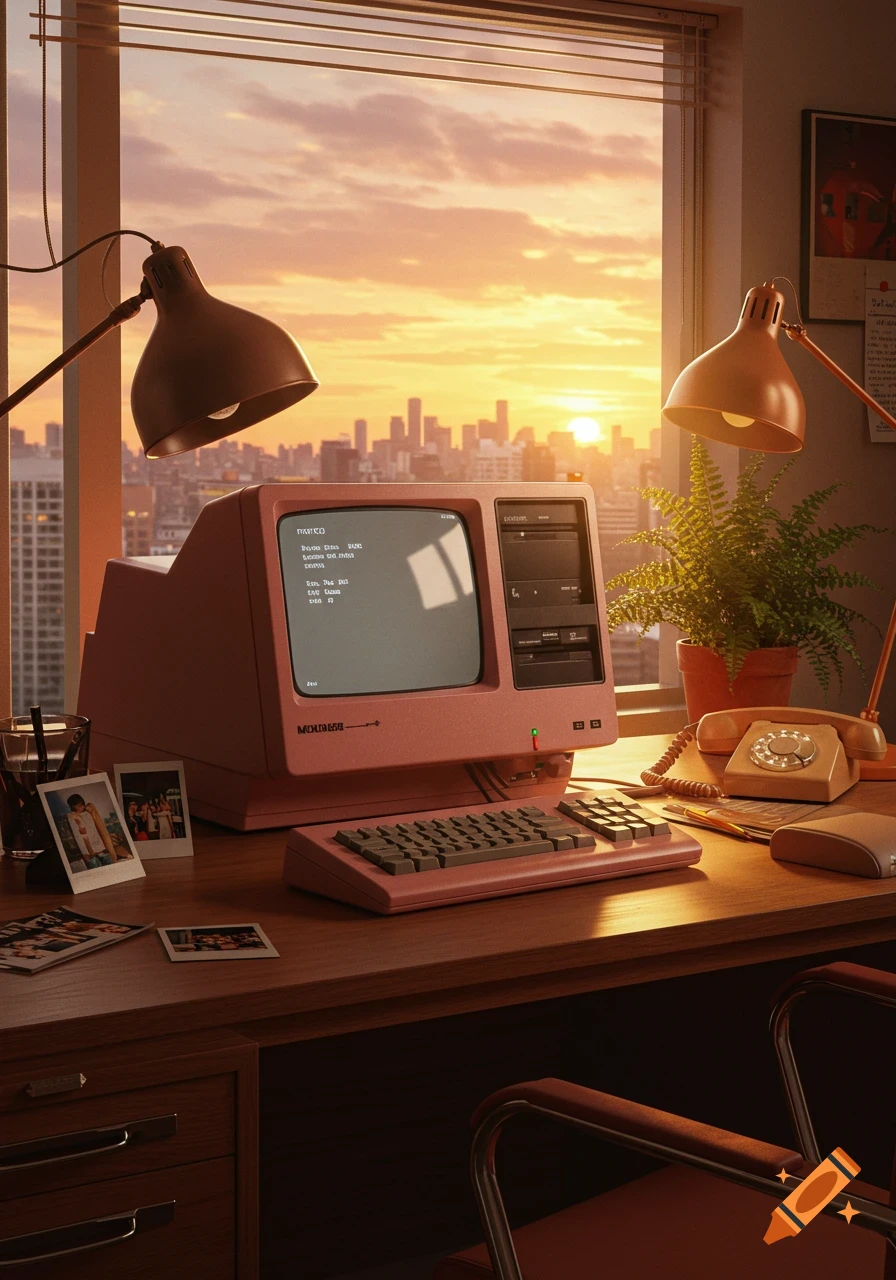 Photorealistic image of a pink vintage desktop computer on a wooden desk. A window behind shows a sunset over a city skyline.