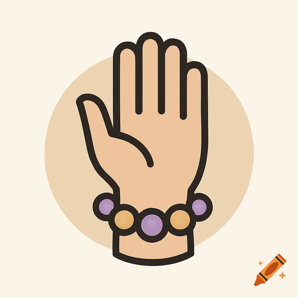 A cartoon illustration of an open hand wearing a colorful bead bracelet.