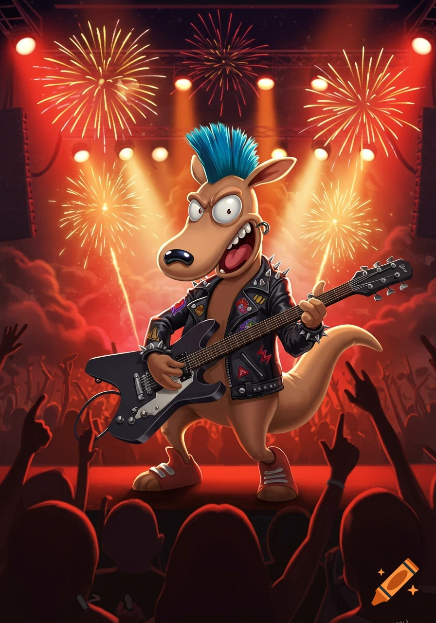 A cartoon kangaroo with a blue punk mohawk and a studded leather jacket plays an electric guitar on stage at a rock concert with fireworks.
