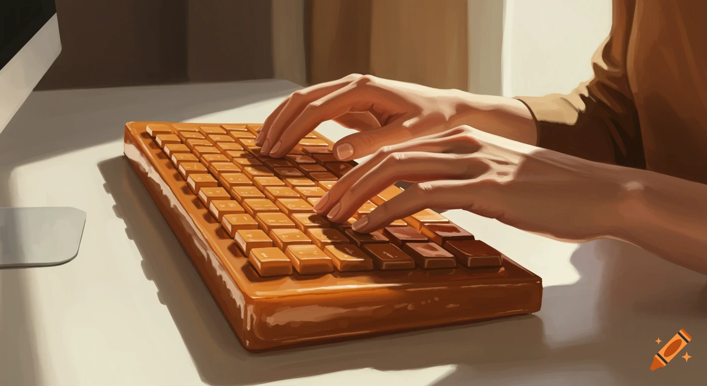 Close-up of a person's hands typing on a shiny caramel keyboard.