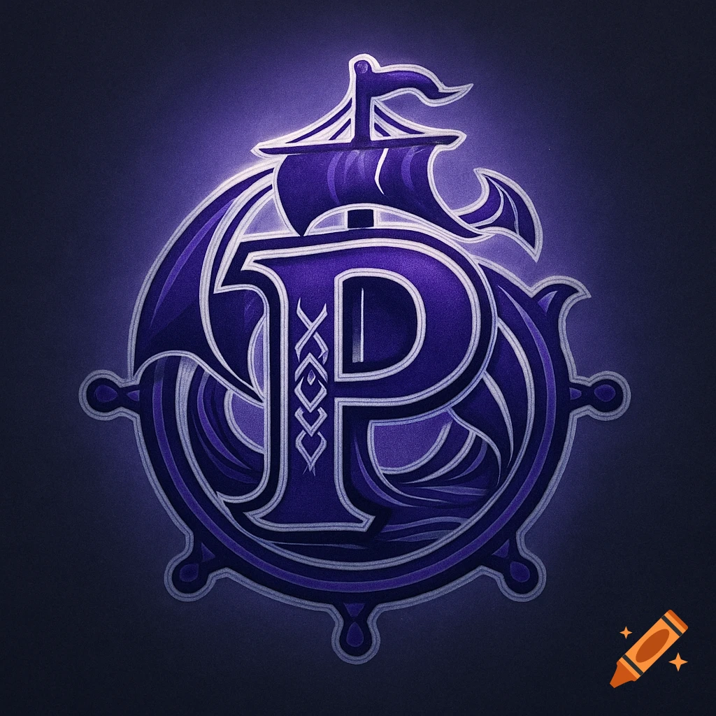 Purple pirate logo featuring a stylized letter P, a ship, and a ship's wheel, on a dark background.