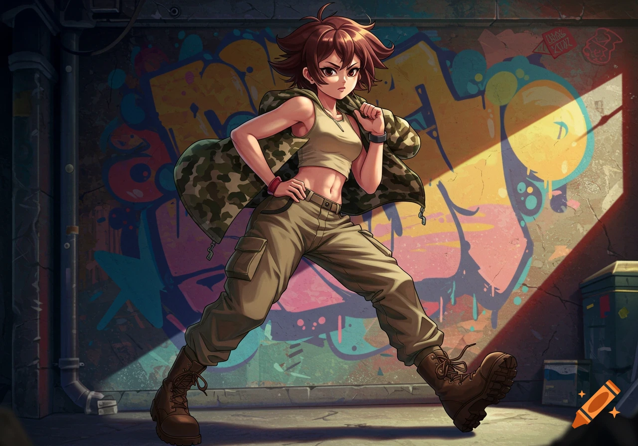 An anime girl with short brown hair, wearing a crop top, camo jacket, and cargo pants, standing in front of a graffiti-covered wall.