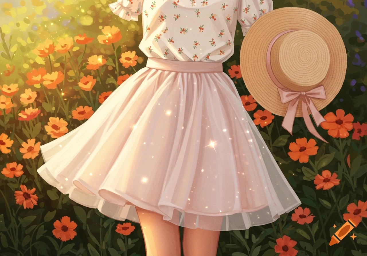 A whimsical illustration of a person wearing a white floral shirt and a pink tulle skirt, standing in a sunny field of orange flowers.