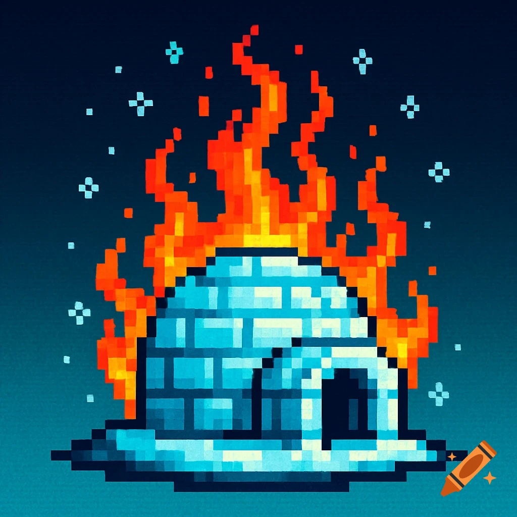 A vibrant 8-bit pixel art logo shows a blue igloo engulfed in orange and red flames against a dark blue background with white snowflakes.