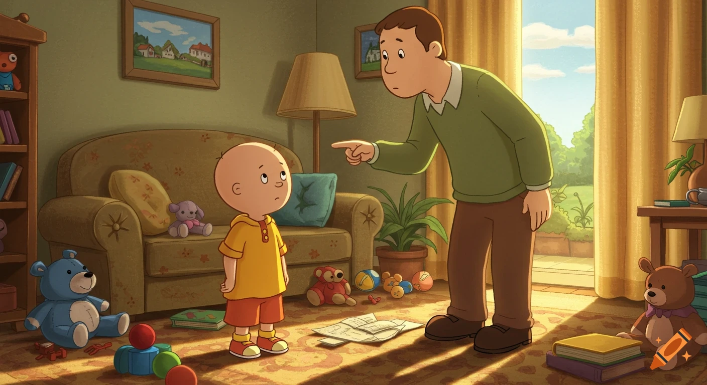 Caillou looks up at Boris, who is pointing at him in a sunlit, toy-filled living room in a cartoon style.