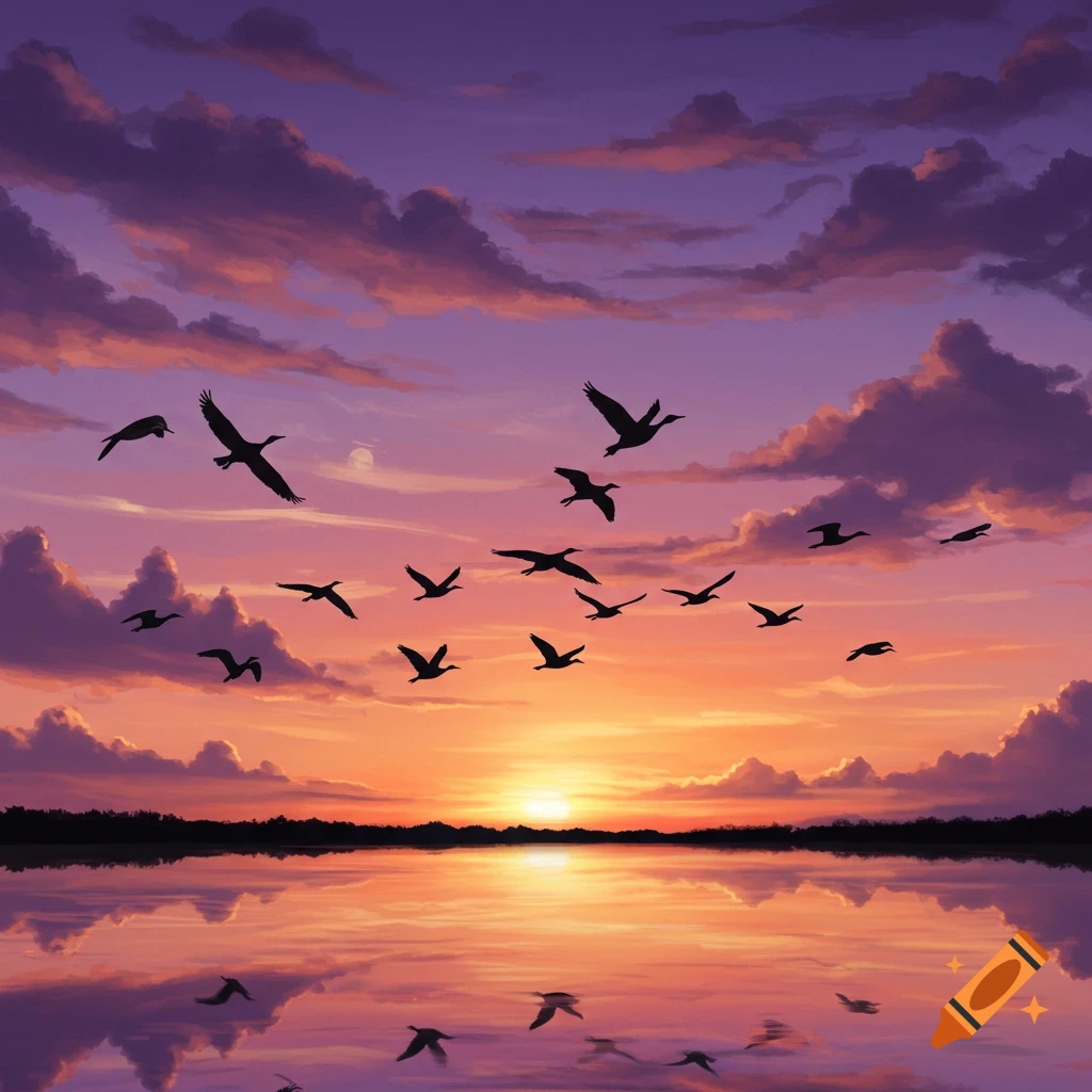 Silhouettes of birds fly across a vibrant purple and orange sunset sky over a calm lake with reflections.