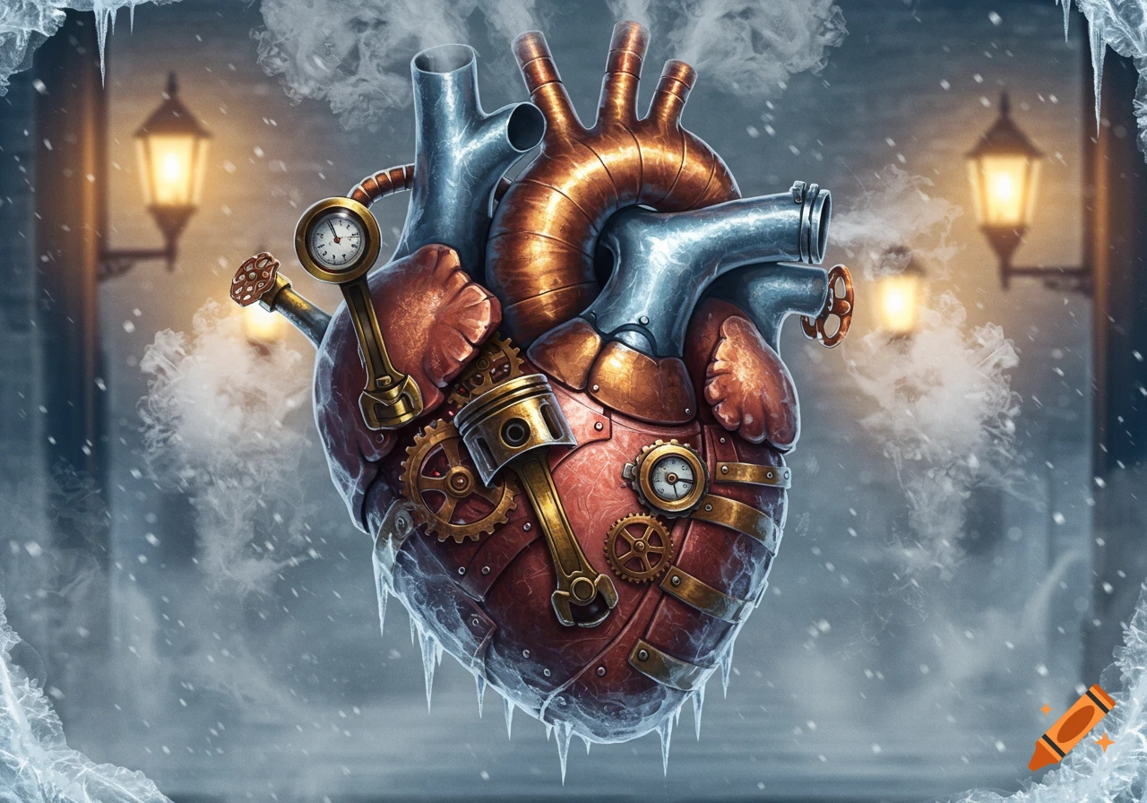 A detailed steampunk heart made of metal and copper, covered in ice and dripping with icicles, set against a snowy, lamp-lit street.