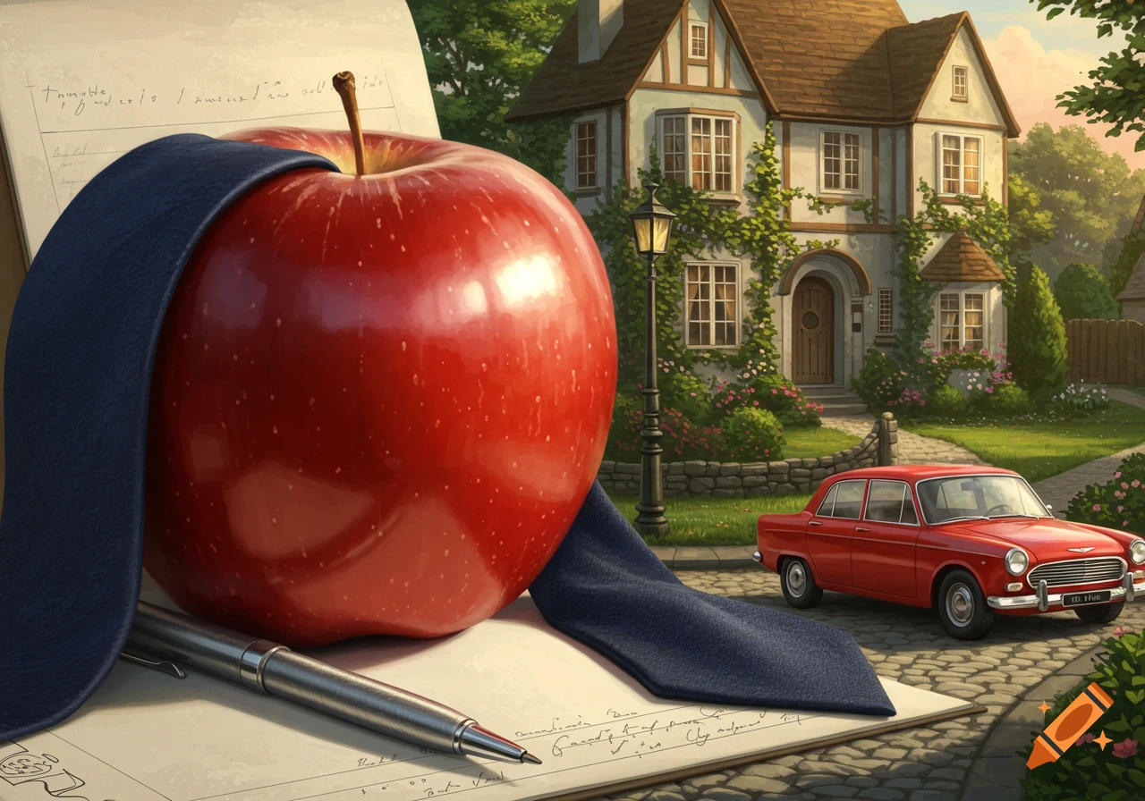 A large red apple with a blue tie, a pen, and paper in the foreground. A quaint house with a red car is in the background.