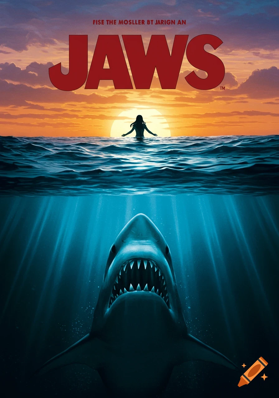 Classic Jaws movie poster showing a swimmer at sunset above water and a shark lurking below in the deep blue ocean.