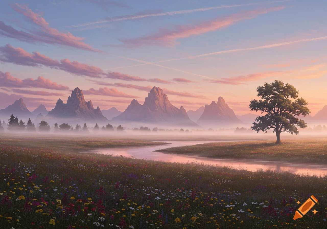 A serene misty landscape at sunrise with a river, a field of wildflowers, tall mountains, and a solitary tree under a colorful sky.