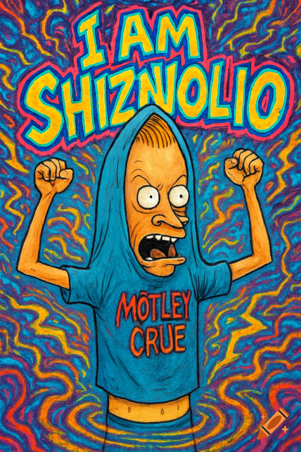 Cartoon of Beavis as Cornholio, wearing a blue 'MOTLEY CRUE' shirt, yelling with fists raised against a psychedelic background with 'I AM SHIZNOLIO' text.