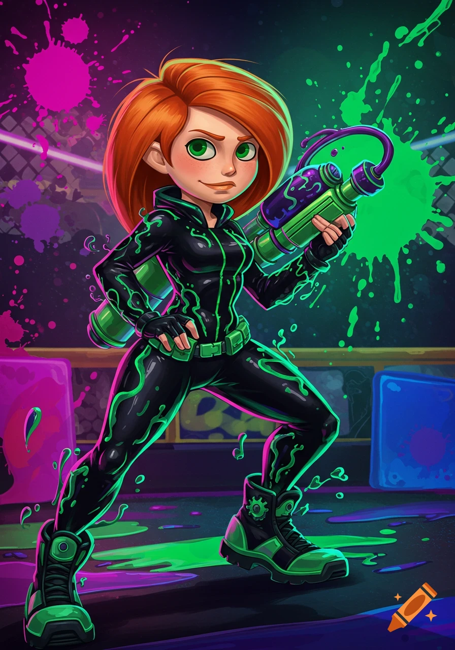Cartoon Kim Possible in black suit with green slime holding a splatter gun, Splatoon style art.